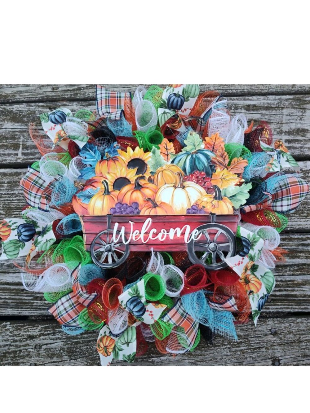 Handmade Seasonal Deco Mesh/Ribbon Wreath Welcome Fall Autumn Red Wagon Pumpkin